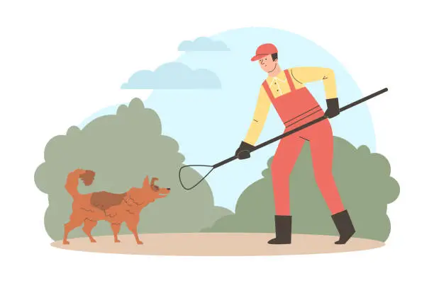 Vector illustration of Homeless animal control service man catches stray dog with special tool flat style