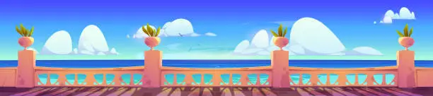 Vector illustration of Hotel terrace empty view with sea and cloud in sky