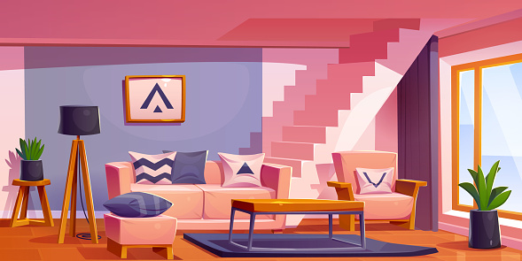 Living room vector interior with stair house design background. Cartoon modern home furniture illustration with lobby and second floor staircase. Empty livingroom with carpet, sofa and lamp.