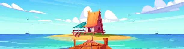 Vector illustration of Tropical hut on beach island with pier landscape