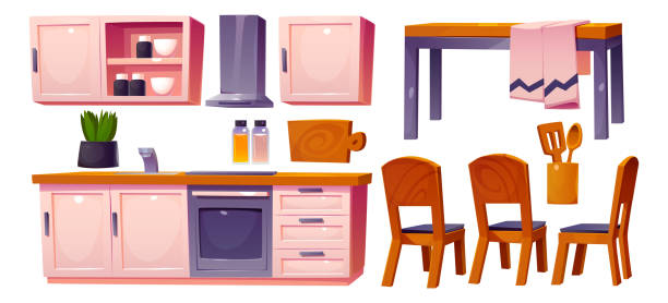 ilustraciones, imágenes clip art, dibujos animados e iconos de stock de conjunto de muebles vectoriales interiores de la sala de cocina del hogar - salt domestic kitchen bowl sparse