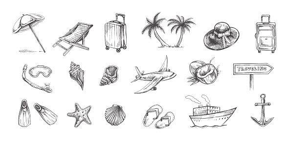 Hand drawn sketch set of travel icons. Sea  Tourism and adventure icons. lipart with travelling elements:  transport, palm, seashells,  luggage, beach, diving equipment.