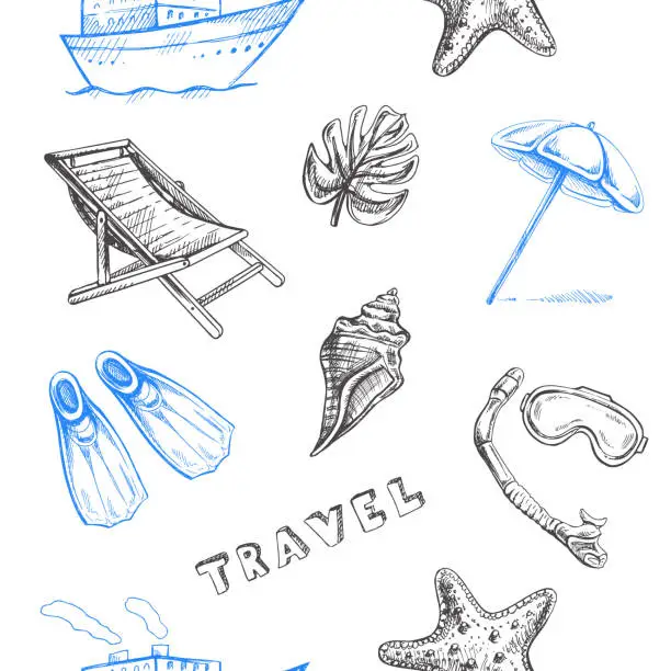 Vector illustration of Hand drawn sketch seamless  pattern with  travel and sea elements. Sea  Tourism and adventure icons. lipart with travelling elements:  seashells, beach, diving equipment.