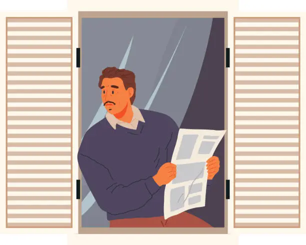 Vector illustration of Father reads newspaper as his day routine, excited man sitting on windowsill looking out window