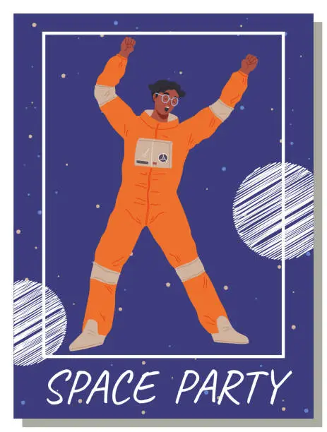 Vector illustration of Animators at birthday in cosmic style. Theme party in costumes. People in costumes have fun at space party poster