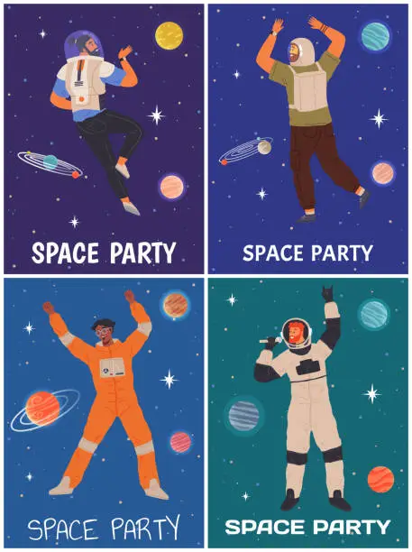 Vector illustration of Animators at birthday in cosmic style. Theme party in costumes. People in costumes have fun at space party poster