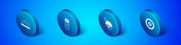 illustrations, cliparts, dessins animés et icônes de définissez l’icône casque de sécurité isométrique du travailleur, scie circulaire électrique, lame et bûches de bois. vecteur - blade white blue transportation