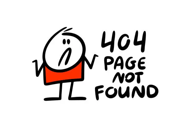 Vector illustration of The puzzled man shrugs his shoulders in confusion and looks on 404 error link. Vector illustration of page not found in internet.