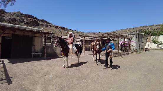 Gran Canaria - April 2023: Sioux City is a Wild West-themed tourist attraction near San Agustin town. Designed to give visitors a taste of the American frontier through variety of shows and activities