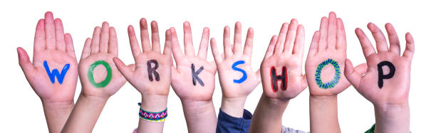 Children Hands Building Word Workshop, Isolated Background stock photo