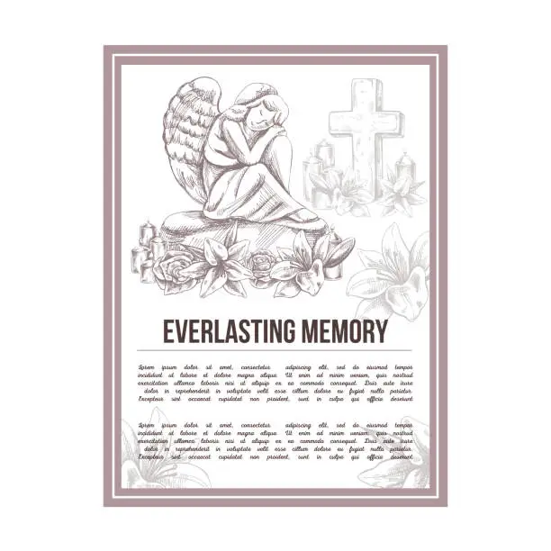 Vector illustration of A hand-drawn vector funeral service banner.  Sketch illustration for condolence card and advertising of columbarium and cemetry with urn for ashes, vintage tombstone angel, wreath, cross