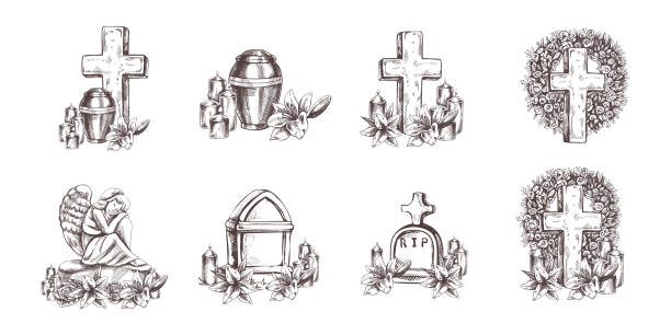 Hand drawn set for  Funeral service.  Vector illustration. Attributes and symbols of condolence, loss, dead, bereavement and cemetry. Sketch of vintage stone angel, tombstone, urn, cross, resurrection.