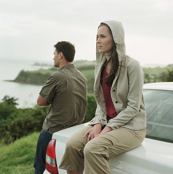 istock Young couple looking at coastline, woman sitting on 149165981