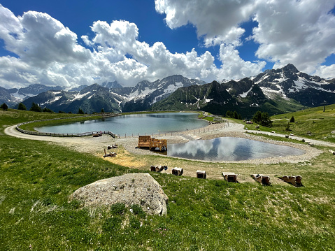 Stunning view of Valbiolo Lake over Passo del Tonale  in Lombardy