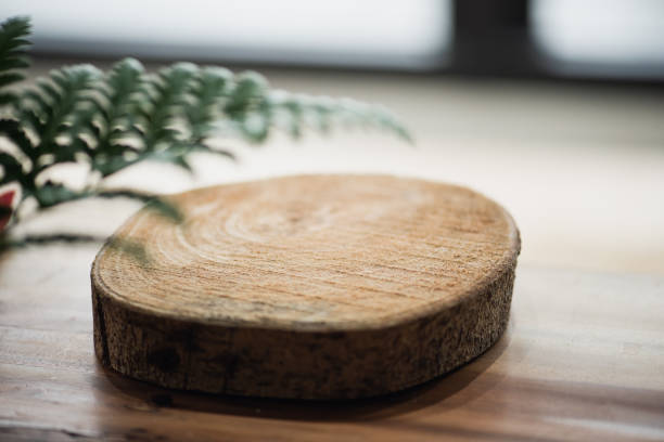 Presentation for product. Wooden podium and braided tree trunk on beige background
