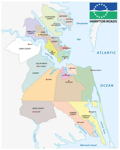 Vector illustration of Vector map of Hampton Roads metropolitan area, Virginia, North Carolina, United States
