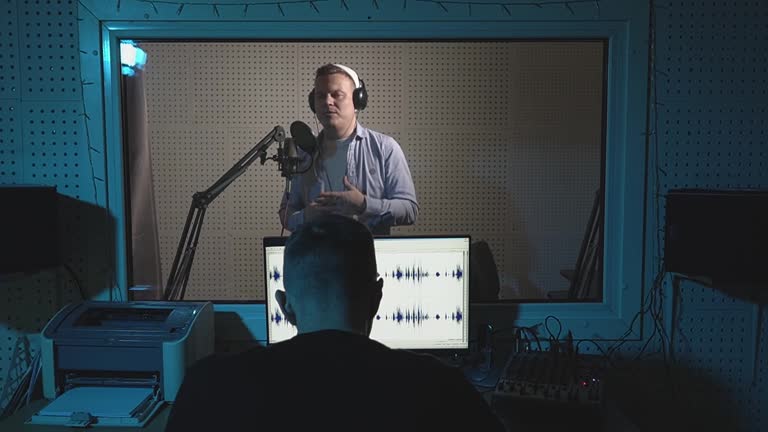 caucasian man speaks into a microphone in a recording studio