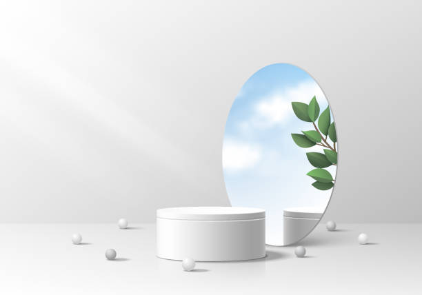 3d white gray cylinder podium display background. Round pedestal or stage showcase with green leaf, sun and blue sky in circle mirror glass leaning on wall. Outdoor scene mockup product presentation. vector art illustration
