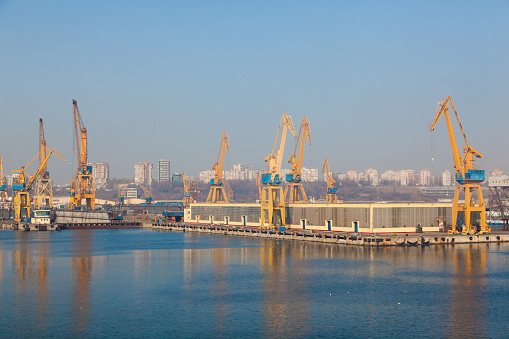 Port cranes on the territory of the seaport in Constanta Romania with blue sky. Territory of the seaport with cranes.