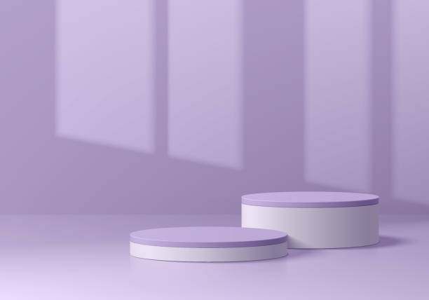 istock Abstract realistic 3d purple white cylinder pedestal podium for product display with window shadow background or sun shining scene through window. Stage showcase. 3d vector geometric platforms design. 1491662524