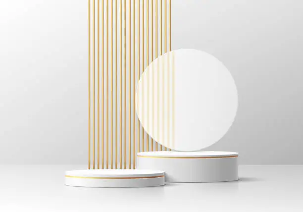 Vector illustration of Realistic 3D white cylinder pedestal podium background with luxury golden lines scene. Wall minimal scene mockup products stage showcase, Cosmetic banner promotion display. 3D abstract empty platforms