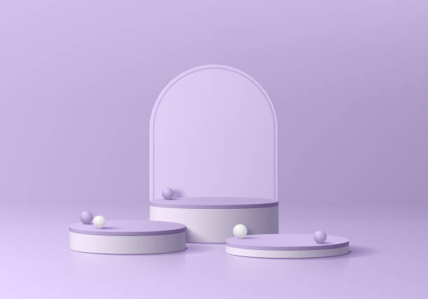 istock 3D realistic purple and white cylinder pedestal podium set background with arch backdrop. Wall minimal scene mockup products stage showcase, Cosmetic promotion display. Abstract vector empty platform. 1491663681