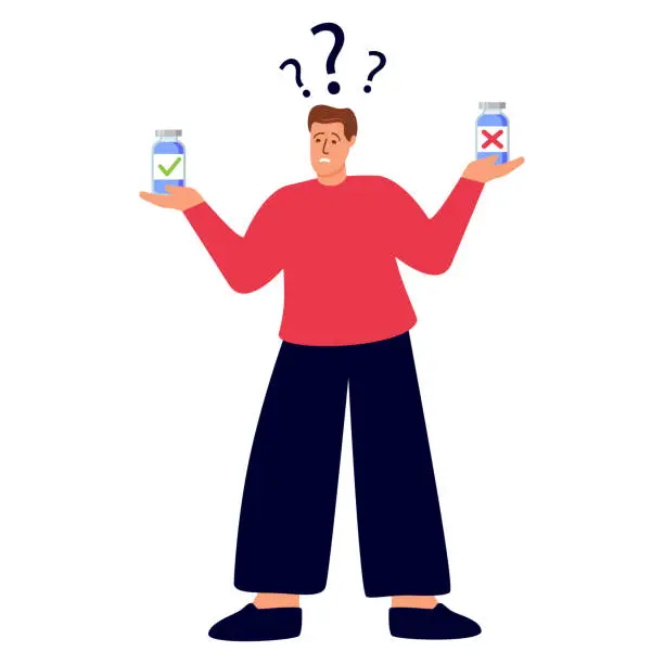 Vector illustration of Man choosing between two options.Man thinking about vaccine.Male character choosing between medicament.