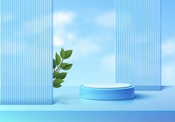 Realistic 3D blue crystal glass cylinder pedestal podium background with green leaf and sky. Wall minimal scene mockup product stage showcase, Banner promotion display. Abstract vector geometric forms vector art illustration