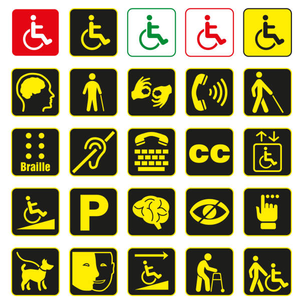 istock Yellow square disability icons set. Icons of mental, physical, sensory, intellectual deviations. 1491666617