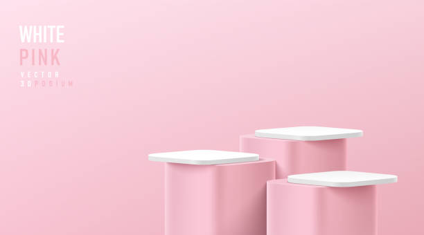 istock Realistic 3D white and soft pink round corner cube pedestal or stand podium set. Vector abstract geometric platforms design. Minimal scene cosmetic products stage showcase, Banner promotion display. 1491666707