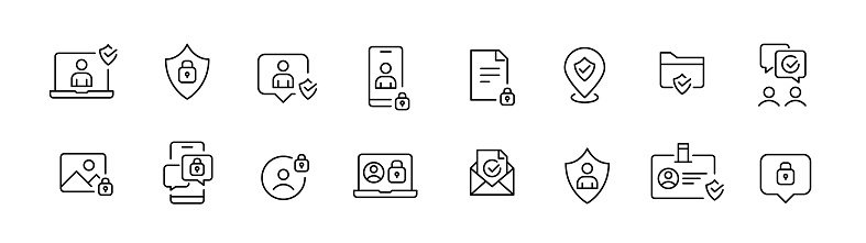 Secure internet presence icons. Safe interactions, protected profile and location. Pixel perfect, editable stroke line icons set