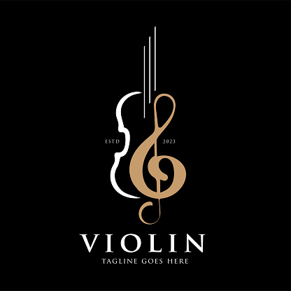 Monochrome vector illustration of Viola Cello violin and treble clef on a dark background
