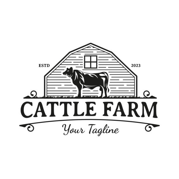 istock Country western classic ranch logo with cows and barn in vintage style. 1491668930