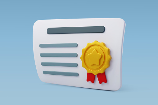 3d Vector Certificate with Stamp and Ribbon bow, Achievement, Award, Grant, Back to school concept. Eps 10 Vector.