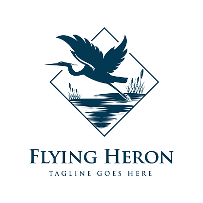 Design Square Flying Stork Heron Silhouette Bird with Grass River Creek Lake Swamp emblem Design Vector vintage.