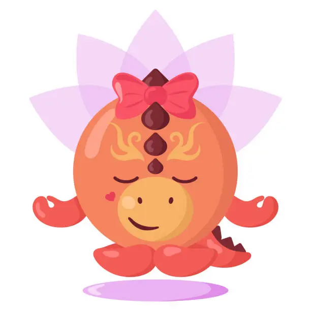 Vector illustration of Funny cute kawaii meditating dragon with lotus flower over head and round body in flat design with shadows.
