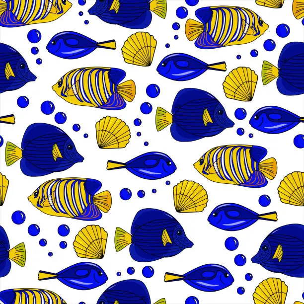 Vector illustration of Blue Fishes Seamless Pattern with White Background.