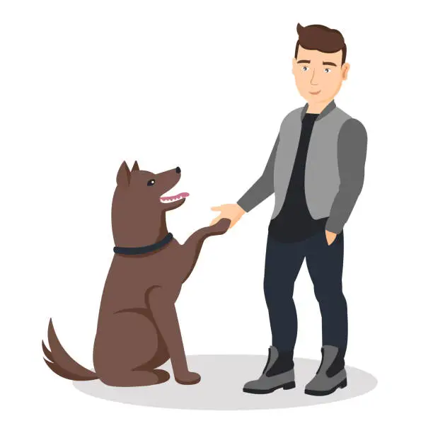 Vector illustration of Cartoon man training and teaching his pet to commands. A dog giving a paw to his owner. Flat vector cartoon illustration with friends. Domestic animal and his owner