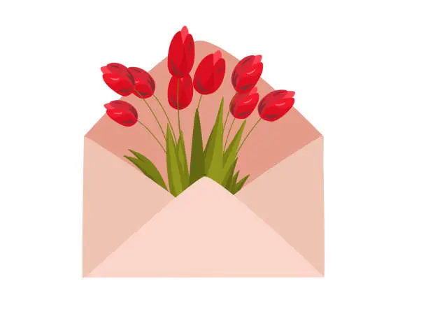 Vector illustration of Bouquet of spring flowers tulips inside the pink envelope.