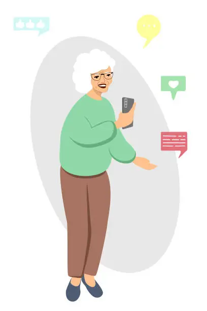 Vector illustration of Elderly Woman with smartphone.