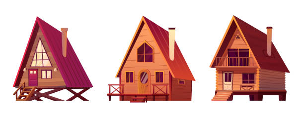 Cartoon wooden forest hut. Small cabin vector set Cartoon wooden forest hut. Small cabin vector set. Bungalow building collection with roof, door and window. Isolated suburban old summer cottage exterior clipart for fantasy game illustration. log cabin vector stock illustrations