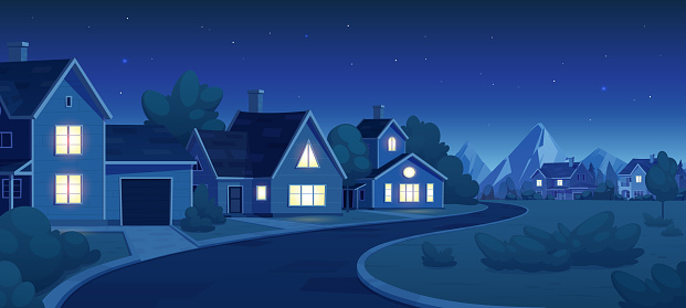 Empty suburban street with house at night landscape. Neighborhood residential house illustration dark background. Home in small town with stars in sky. Road through village and building in evening.