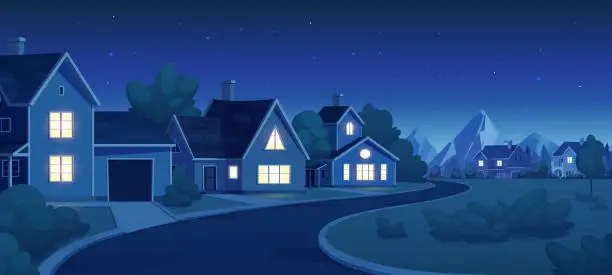 Vector illustration of Night empty suburban street with house landscape