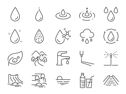 Water icon set. It included Liquid, Moister, Water Tap, and more icons. Editable Stroke.