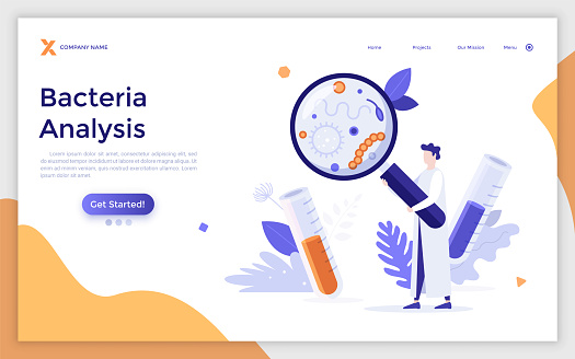 Landing page template with scientist in lab coat looking at microscopic organisms through magnifying glass. Concept of bacteria analysis, microbiology research, bacteriology. Flat vector illustration.