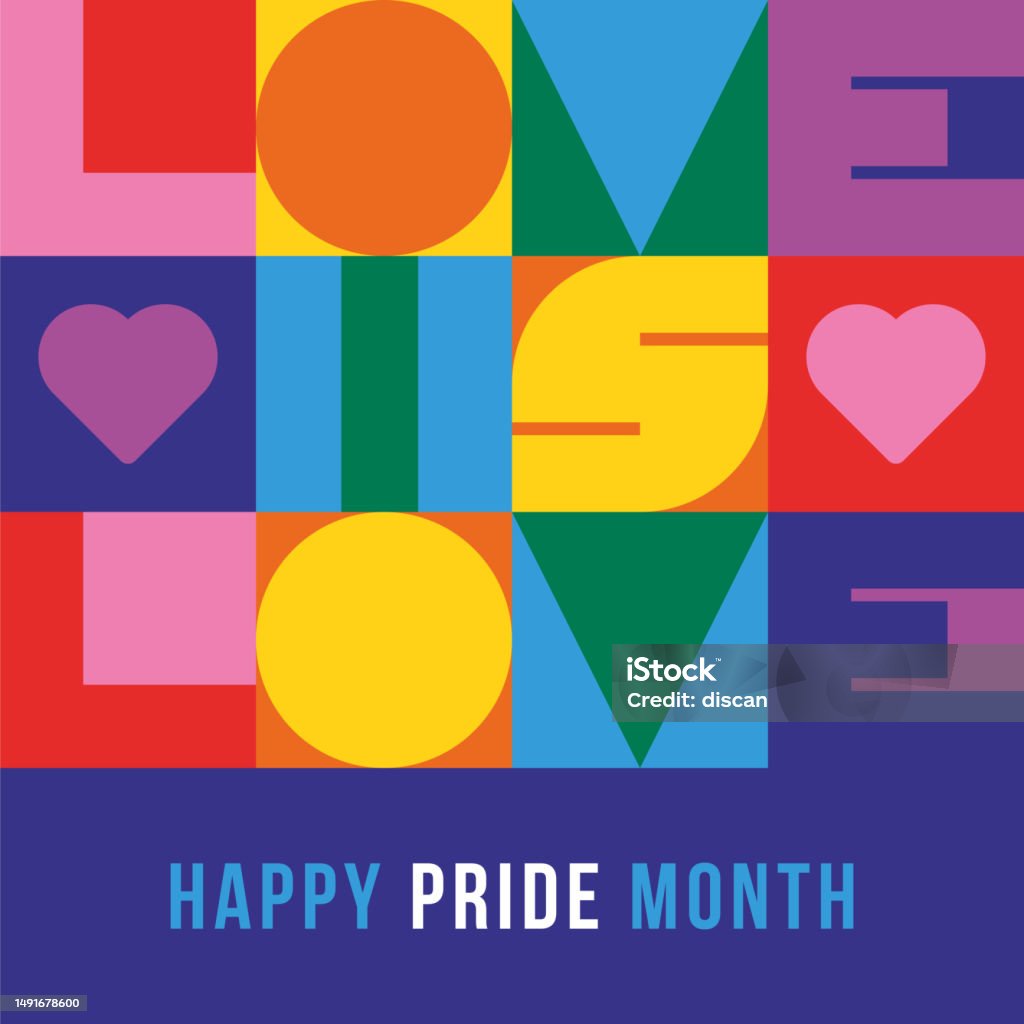 Carte du mois de la fierté avec typographie géométrique. - clipart vectoriel de Mois des Fiertés LGBTQIA libre de droits Carte du mois de la fierté avec typographie géométrique. - clipart vectoriel de Mois des Fiertés LGBTQIA libre de droits