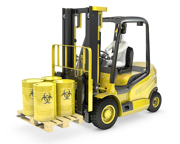 istock Fork lift truck with biohazard barrels 149167891
