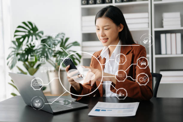 istock Business working with reduce CO2 concept with icons, global warming such as reforest green factory recycle and zero carbon dioxide emission concept. with VR icon at office 1491682736
