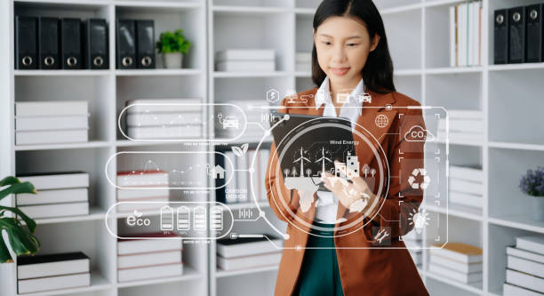 istock Business working with reduce CO2 concept with icons, global warming such as reforest green factory recycle and zero carbon dioxide emission concept. with VR icon at office 1491683246