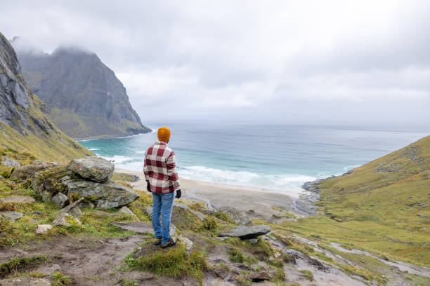 istock Hiker contemplates the beautiful nature in Norway, pristine beach view 1491683709
